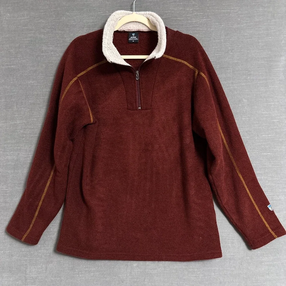 Kuhl Pullover Sweater M Red Brown Sherpa‎ Outdoor Hiking Warm Quarter Zip Casual